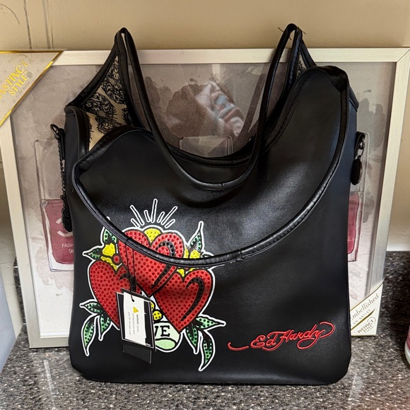 Ed Hardy Handbags - Ed Hardy Black Shoulder Bag with Heart Motif